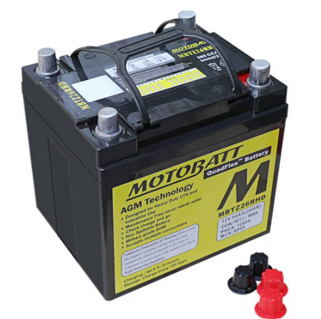 Motobatt MBTZ26RHD battery, black with yellow label, includes red and black terminal caps