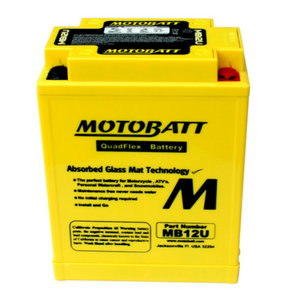 Motobatt MB12U battery in bright yellow with QuadFlex Battery branding and large M logo