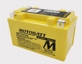 Motobatt MBTZ10S battery, yellow AGM motorcycle battery with black top label.