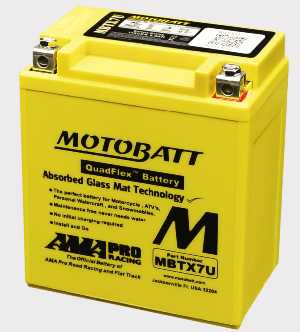 Motobatt MBTX7U yellow motorcycle battery with QuadFlex Absorbed Glass Mat technology