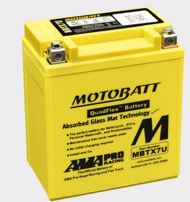 Motobatt MBTX7U yellow motorcycle battery with Absorbed Glass Mat technology