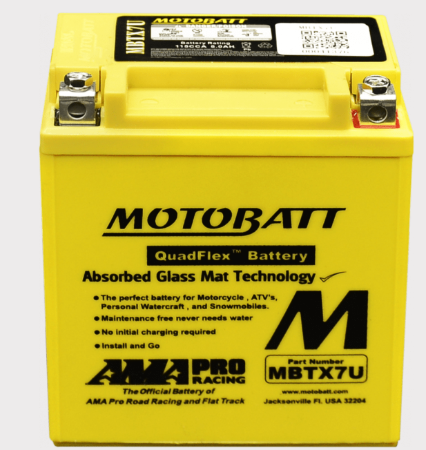 Motobatt MBTX7U battery, yellow case with Motobatt branding and QuadFlex label