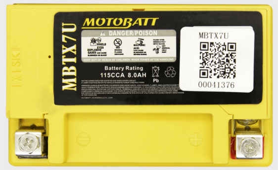 Motobatt MBTX7U battery in bright yellow case with black label, 115CCA 8.0Ah rating.