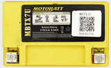 Motobatt MBTX7U battery in bright yellow case with black label, 115CCA 8.0Ah rating.