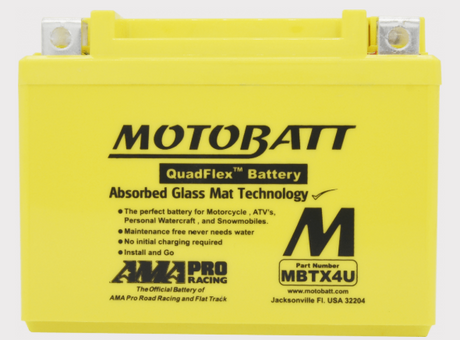 Motobatt MBTX4U battery, yellow motorcycle battery with Motobatt branding