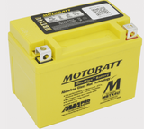 Motobatt MBTX4U yellow battery with top terminals and Motobatt branding