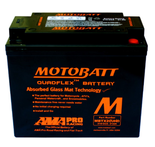 Motobatt QuadFlex battery MBTX20UHD; black case with orange Motobatt branding