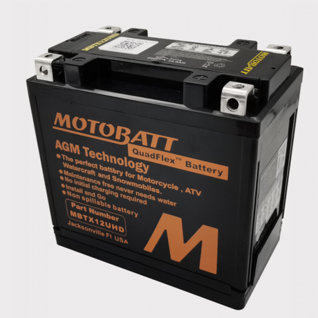 Motobatt MBTX12UHD black AGM battery with orange branding and QuadFlex label