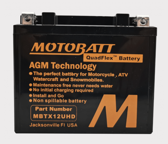 Motobatt MBTX12UHD black AGM battery with orange branding and large M logo