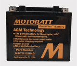 Motobatt MBTX12UHD black AGM battery with orange branding and large M logo