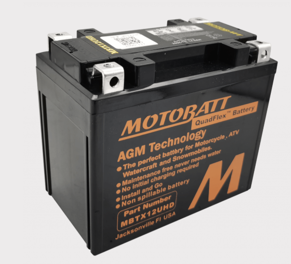 Motobatt MBTX12UHD black AGM battery with orange label for motorcycles