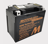 Motobatt MBTX12UHD black AGM battery with orange label for motorcycles
