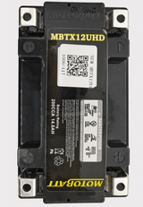 Motobatt MBTX12UHD battery, black with yellow MBTX12UHD label and QR code