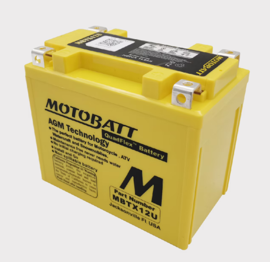 Motobatt MBTX12U battery yellow AGM with top handle and metal terminals.
