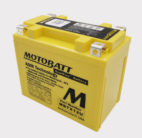 Motobatt MBTX12U battery yellow AGM with top handle and metal terminals.