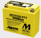Motobatt MBT12B4 battery, bright yellow with Motobatt branding