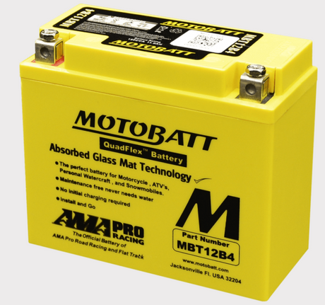 Motobatt MBT12B4 battery, bright yellow with Motobatt branding