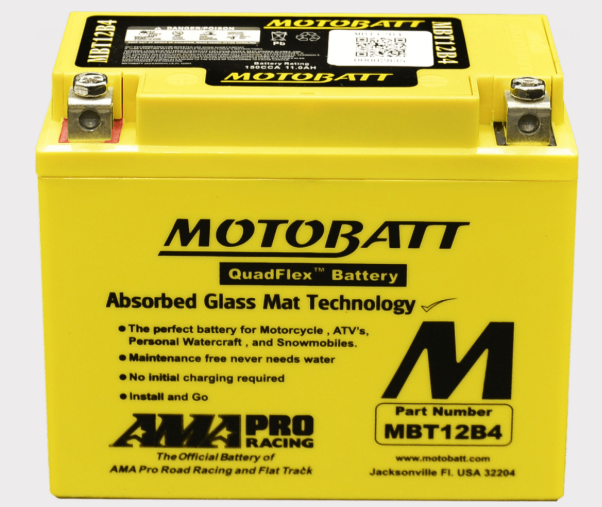 Motobatt MBT12B4 battery, bright yellow casing with Motobatt branding and MBT12B4 label
