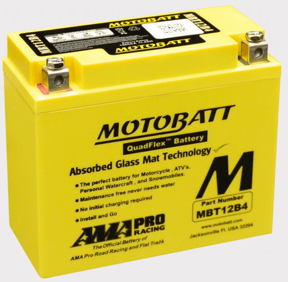 Motobatt MBT12B4 yellow motorcycle battery with Absorbed Glass Mat technology