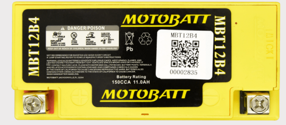 Motobatt MBT12B4 battery with yellow case, 150CCA 11.0Ah rating