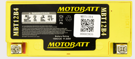 Motobatt MBT12B4 battery with yellow case, 150CCA 11.0Ah rating
