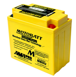 Motobatt MB9U battery in yellow with black label, Absorbed Glass Mat technology for motorcycles