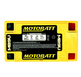 MB9U Motobatt battery with a yellow plastic case and a black MOTOBATT label.