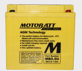 Motobatt MB5.5U battery, yellow case with black Motobatt logo and MB5.5U label.