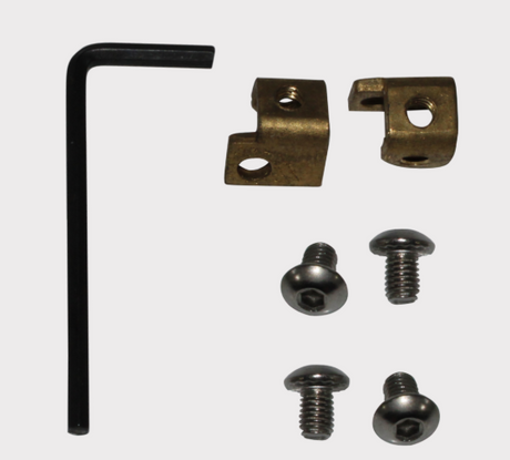 MB5.5U Motobatt battery mounting kit by DGT Agri, with brass terminal blocks, screws, and an L-shaped Allen key.