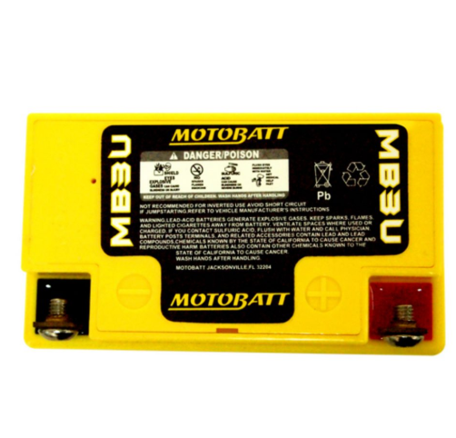MB3U Motobatt battery, yellow case, with positive and negative terminals visible