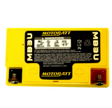 MB3U Motobatt battery, yellow case, with positive and negative terminals visible