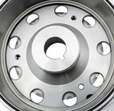 Flywheel 900W for Polaris Ranger 1000 / RZR 1000; close-up of silver metal hub with bolt holes