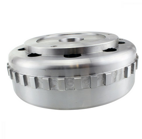 Flywheel 900W, silver metal with toothed outer edge and central bore.