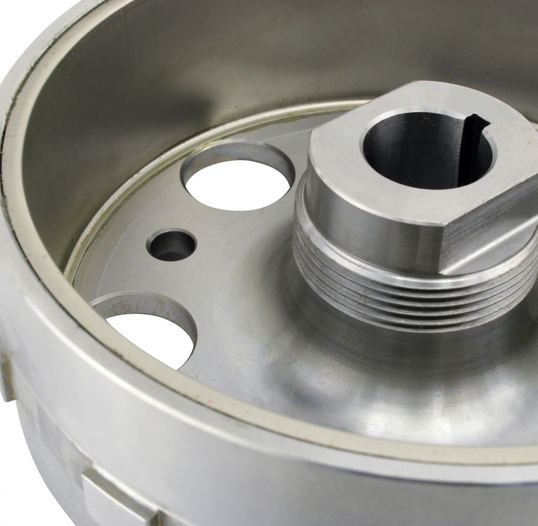 Flywheel for Yamaha YFZ450R/YFZ450X, machined silver metal with central hub and mounting holes