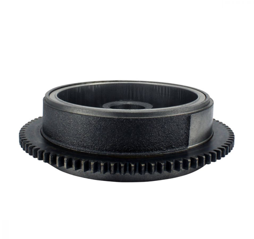 Flywheel gear for DGT Agri Polaris 400/450/500, black metal with toothed outer edge.
