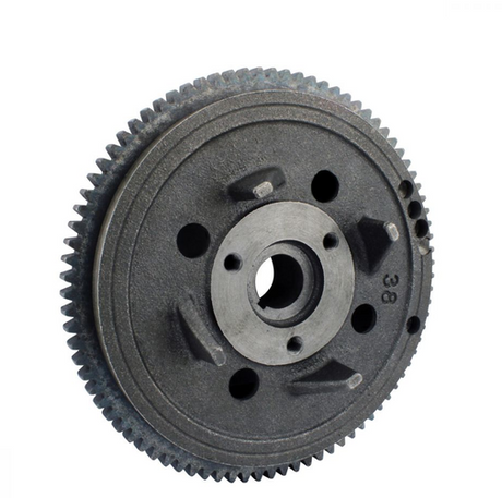 Flywheel for Polaris 400/450/500, dark gray metal gear with central bore and multiple mounting holes.