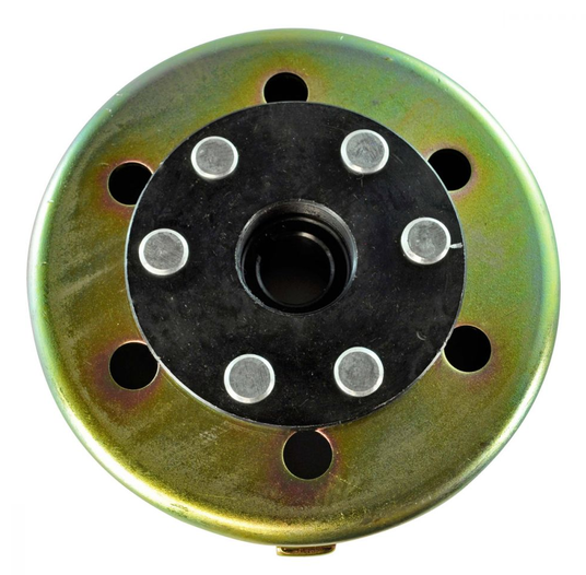Flywheel rotor for Yamaha Banshee 350, six-bolt black-center with iridescent metal finish