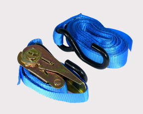 Two blue nylon ratchet tie-down straps, 3m length, 800kg capacity with metal ratchet.