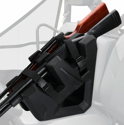 Gun Holder Rack - Universal UTV, black firearm rack with straps holding a rifle