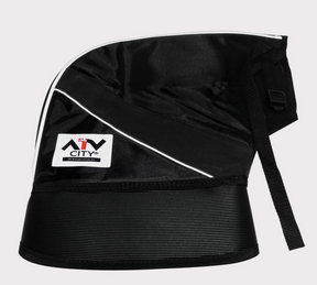 Handlebar mittens in black with white piping, featuring a CITY logo patch.