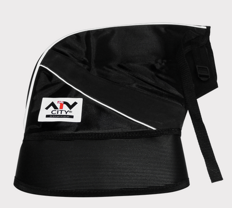Handlebar mittens in black with white piping, featuring a CITY logo patch.
