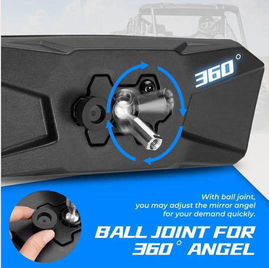 Rear view mirror by DGT Agri, black housing with 360-degree ball joint for Polaris Ranger.
