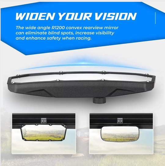 Rear View Mirror – Polaris Ranger by DGT Agri; wide-angle convex mirror with black frame, shown with two inset views.
