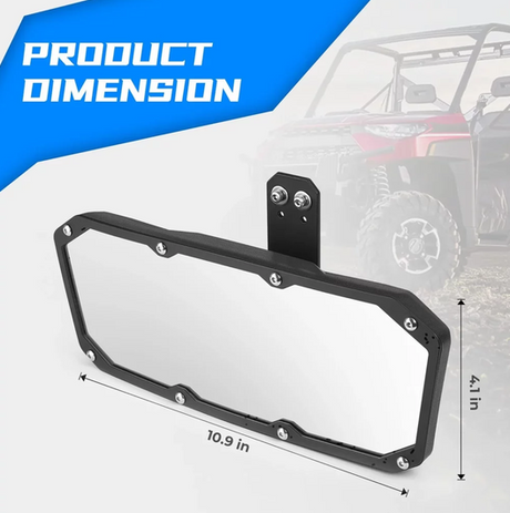 Rear View Mirror for Polaris Ranger by DGT Agri, black metal frame with mounting bracket, 10.9 in wide × 4.1 in tall.