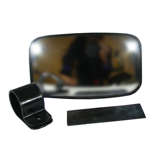 Three-piece universal UTV rear/side view mirror kit with black mounting clamp and rubber strip