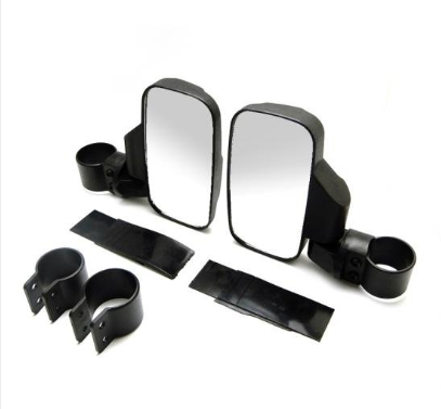 Pair of black universal UTV wing mirrors with 1.75–2in tube clamps and mounting hardware