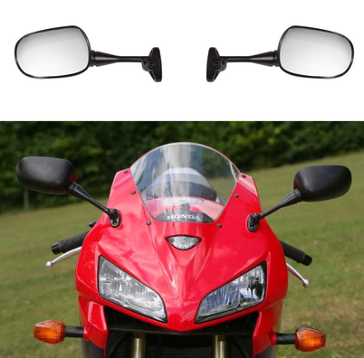 Side mirror set for Honda CBR600RR/929RR/1000RR; black mounts and silver mirrors, shown on a red Honda sport bike.
