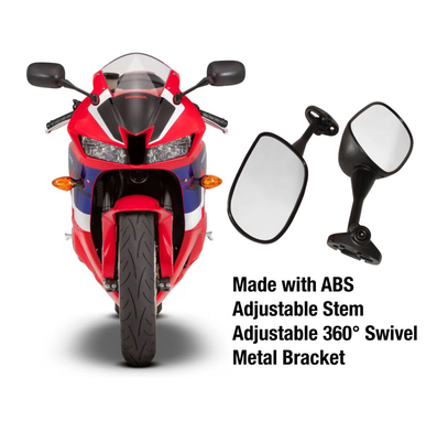 Side mirror pair for Honda CBR600RR/929RR/1000RR; ABS shells, adjustable stem, 360° swivel metal bracket
