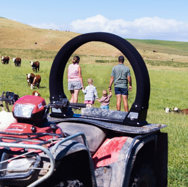 LifeGuard CPD & Mounting – Trax by DGT Agri, black, mounted on a red ATV in a grassy field with people and cattle nearby