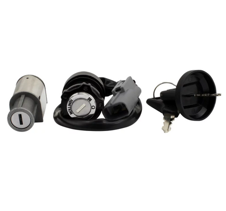 Ignition key switch and lock set for CFMOTO CForce 400-1000, metal cylinder with black housing, includes two keys.